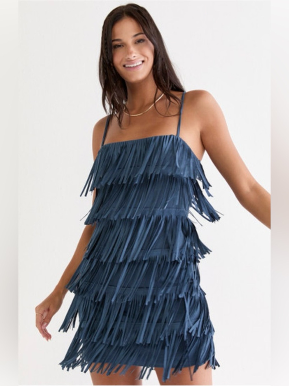 Fringe Tiered Mini Dress Size L Western Boho Festival Cowgirl Blue Suede